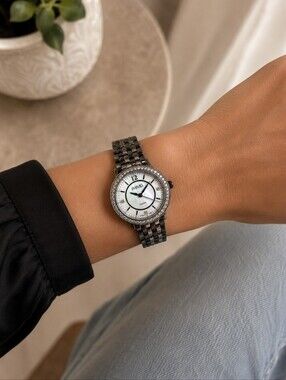 August Steiner Diamond Accent Watch | Mother of Pearl Dial | Black Ceramic Band